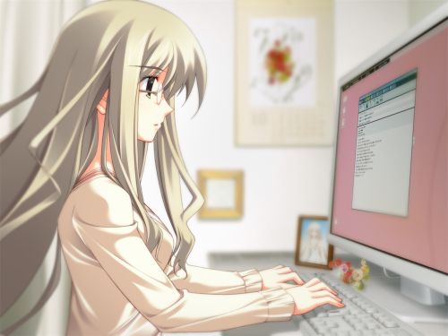 anime girl geek alle prese con computer ed altri device elettronici