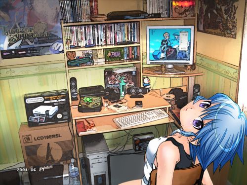 anime girl geek alle prese con computer ed altri device elettronici