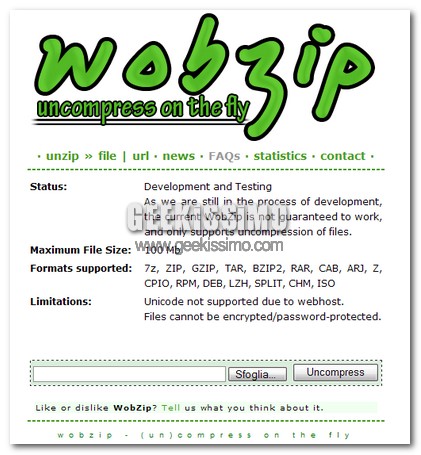 Scompattare i propri archivi online con Wobzip