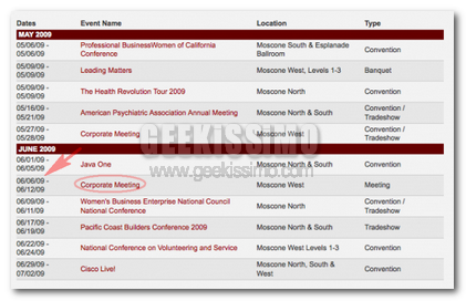 Calendario Moscone Center