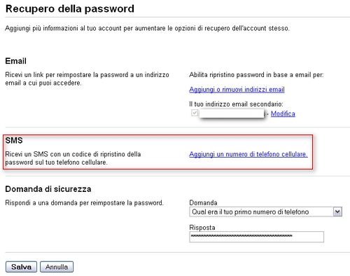 aggiunginumero telefono recupero password