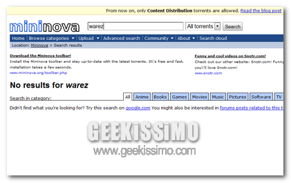 Mininova dopo aver rimosso i torrent illegali