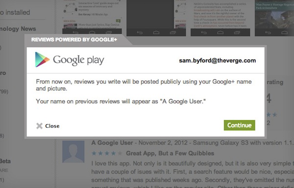 Google Play recensioni profilo Google+