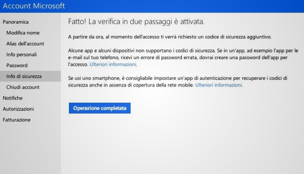 Autenticazione due fattori Microsoft