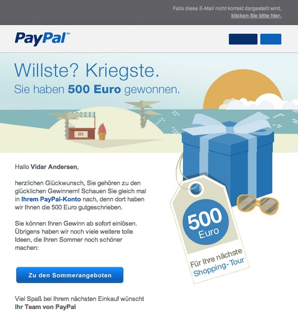 PayPal regala 500 euro email errore