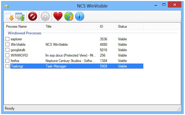 NCS WinVisible, nascondere o terminare processi mediante hotkey