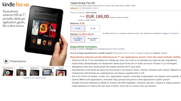 Amazon sconta il Kindle Fire HD di 30 euro 
