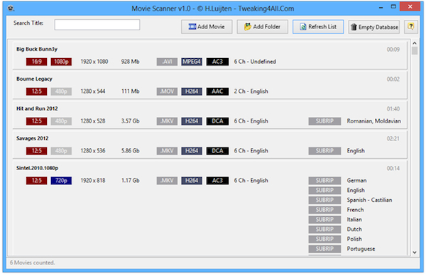 MovieScanner, visualizzare i metadati di tutti i file video