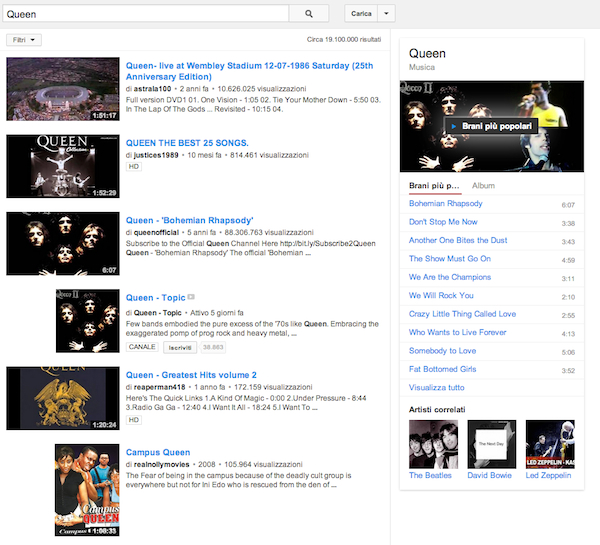 YouTube indica i migliori brani degli artisti cercati