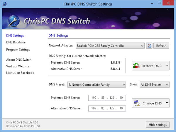 ChrisPC DNS Switch, cambiare i DNS in uso in un click