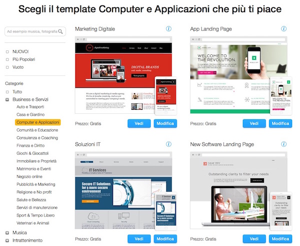 Screenshot dei template disponibili su Wix