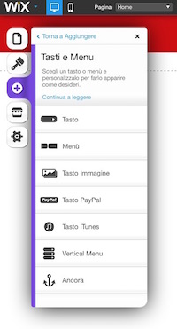 Screenshot del menu dell'editori di Wix