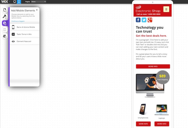 Screenshot dell'editor di Wix per mobile