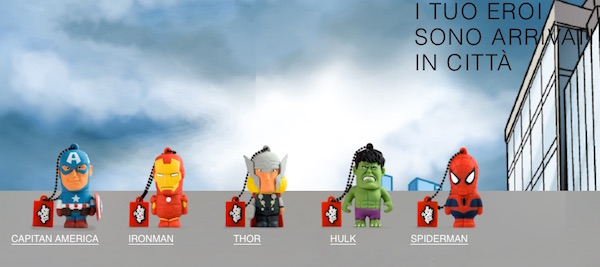 Immagine che mostra le chiavette USB Maikii della gamma Tribe dedicate ai supereroi Marvel 