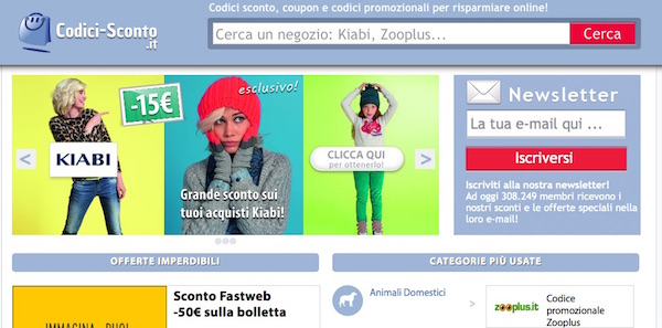Screenshot della homepage del portale Codici-sconto.it