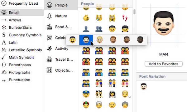 Screenshot che mostra le emoji multietniche introdotte con con le nuove beta di iOS 8.3 e OS X 10.10.3