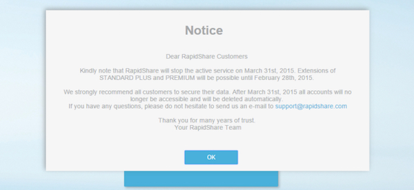 Screenshot dell'avviso che informa della chiusura di RapidShare