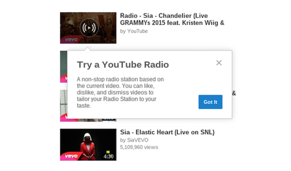 Screenshot che mostra il funzionamento di YouTube Radio